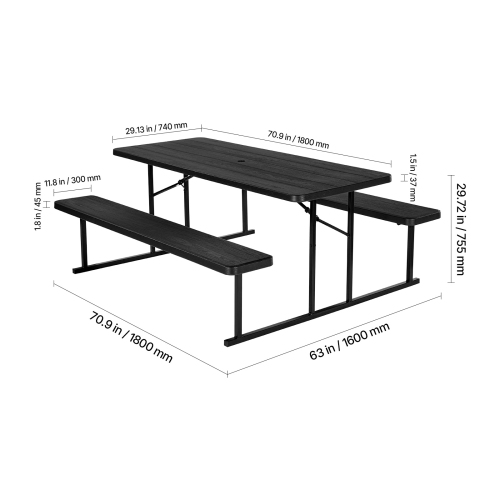 VEVOR 6 FT Foldable Picnic Table, Folding Picnic Tables with Benches, Steel Outdoor Bench Set with Umbrella Hole, Large Outside Dining Table for