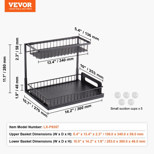 VEVOR 2 Tier Pull Out Cabinet Organizer(10.7"W x 14.2"D ), Under Sink Organizer and Storage, Slide Out Drawer Cabinet Organizer, Wire Basket Sliding