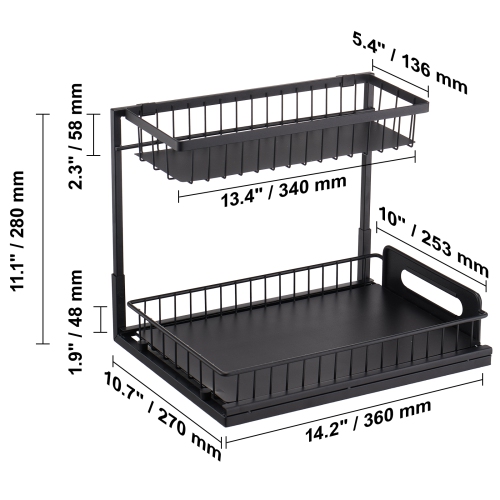 VEVOR 2 Tier Pull Out Cabinet Organizer(10.7"W x 14.2"D ), Under Sink Organizer and Storage, Slide Out Drawer Cabinet Organizer, Wire Basket Sliding