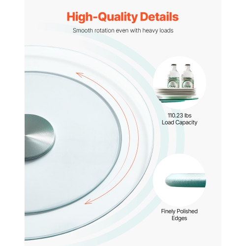 VEVOR 20 in Glass Lazy Susan Turntable, 360° Rotation Round Clear Tabletop Rotating Tray, Tempered Glass Dining Table Centerpiece, Smooth and Silent