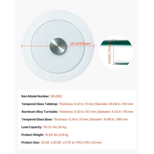 VEVOR 20 in Glass Lazy Susan Turntable, 360° Rotation Round Clear Tabletop Rotating Tray, Tempered Glass Dining Table Centerpiece, Smooth and Silent