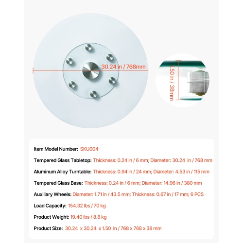Plateau tournant en verre de 30&nbsp;po VEVOR, centre de table en verre trempé avec 6 roulettes pivotantes, plateau rotatif de 360掳 pivotant en
