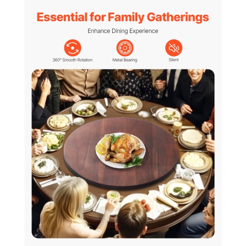 VEVOR 24 in Wood Lazy Susan Turntable, 360° Rotation Round Clear Tabletop Rotating Tray, Acacia Wood Dining Table Centerpiece, Smooth and Silent