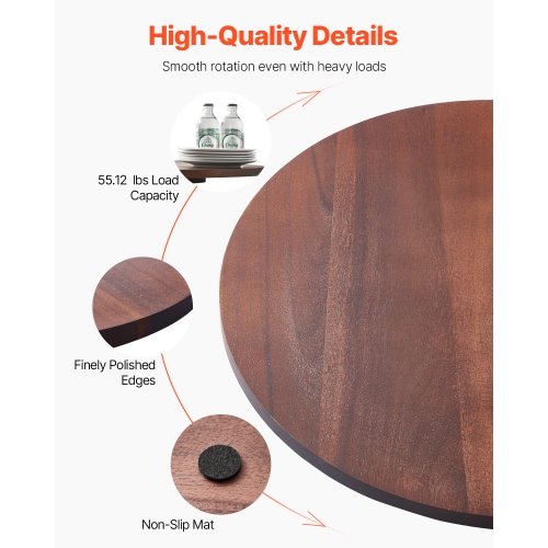 VEVOR 24 in Wood Lazy Susan Turntable, 360° Rotation Round Clear Tabletop Rotating Tray, Acacia Wood Dining Table Centerpiece, Smooth and Silent