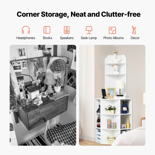 Armoire de rangement en coin de 64&nbsp;po VEVOR, armoire de rangement en bois à 6 niveaux avec ports et prises USB et tablettes réglables, armoire