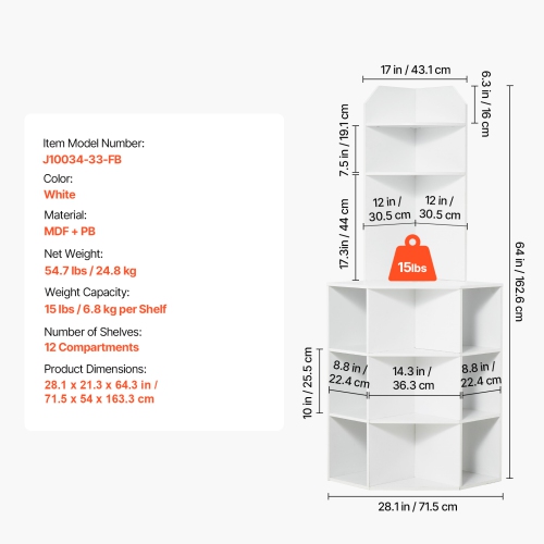 Armoire de rangement en coin de 64&nbsp;po VEVOR, armoire de rangement en bois à 6 niveaux avec ports et prises USB et tablettes réglables, armoire