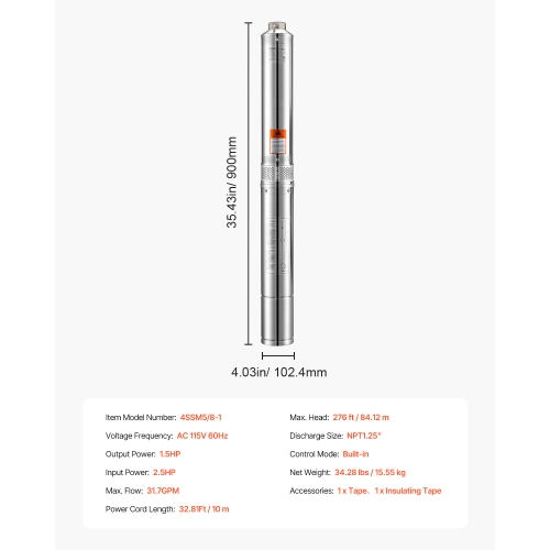 VEVOR 115V Deep Well Submersible Pump,1.5 HP Output Power,31.7 GPM Flow 276 ft Head,with 32.81 ft Cord,Stainless Steel, for Industrial, Irrigation,