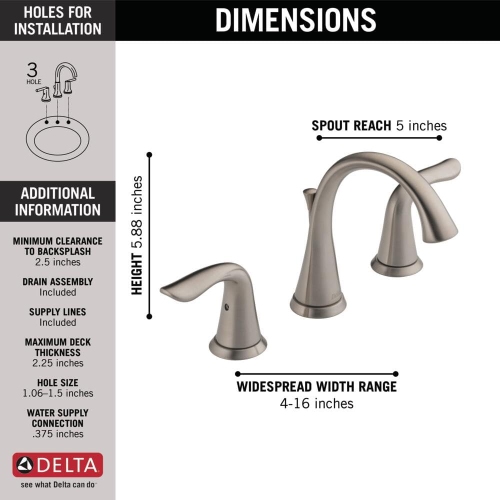 Delta Faucet Lahara Widespread Bathroom Faucet Brushed Nickel, Bathroom Faucet 3 Hole, Diamond Seal Technology, Metal Drain Assembly