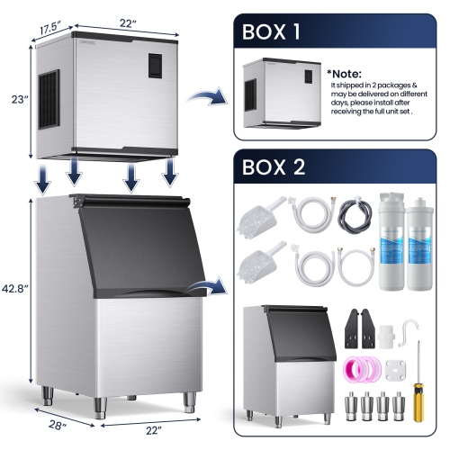 Machine à glaçons commerciale de 22 po de Coolake 550 lb/24H avec rangement 360 lb Machine à glaçons industrielle en acier inoxydable
