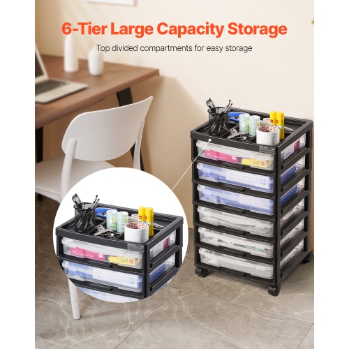 VEVOR 6-Tier Scrapbook Rolling Storage Cart, Large Capacity with Organizer Top, Black Frame with 6 Clear Cases and 4 Removable Wheels, Storage