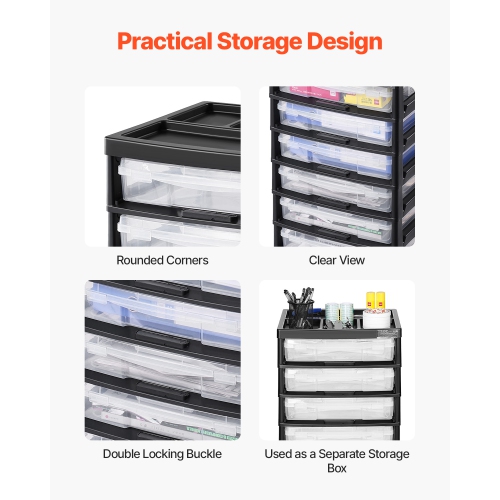 VEVOR 6-Tier Scrapbook Rolling Storage Cart, Large Capacity with Organizer Top, Black Frame with 6 Clear Cases and 4 Removable Wheels, Storage
