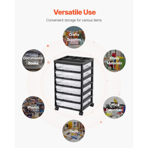 VEVOR 6-Tier Scrapbook Rolling Storage Cart, Large Capacity with Organizer Top, Black Frame with 6 Clear Cases and 4 Removable Wheels, Storage