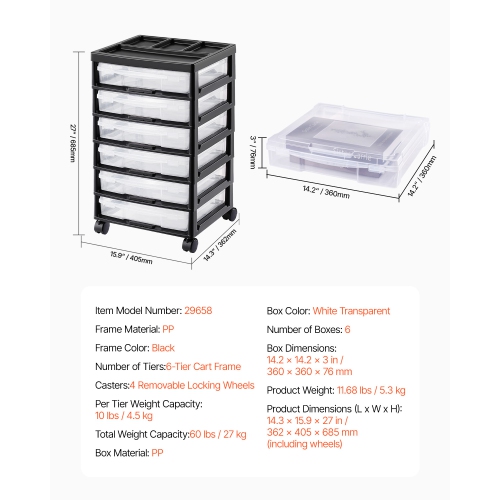 VEVOR 6-Tier Scrapbook Rolling Storage Cart, Large Capacity with Organizer Top, Black Frame with 6 Clear Cases and 4 Removable Wheels, Storage