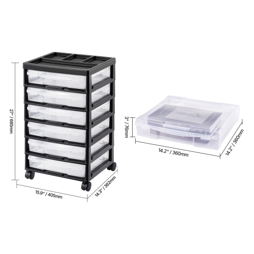 VEVOR 6-Tier Scrapbook Rolling Storage Cart, Large Capacity with Organizer Top, Black Frame with 6 Clear Cases and 4 Removable Wheels, Storage