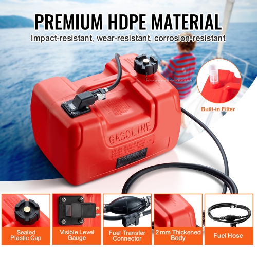 VEVOR 3.17 Gallon/12L Marine Fuel Tank, Portable Boat Fuel Gas Tank for Outboard Engine Boats, Plastic Outboard Marine Boat Fuel Tank with Hose, Easy