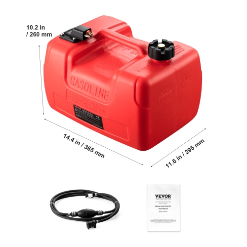 VEVOR 3.17 Gallon/12L Marine Fuel Tank, Portable Boat Fuel Gas Tank for Outboard Engine Boats, Plastic Outboard Marine Boat Fuel Tank with Hose, Easy