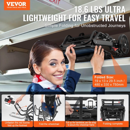 VEVOR Wheelchair, Aluminum Alloy Ultra-Lightweight Transport Chair, Foldable Wheelchair with Flip-Back Desk-Length Arms, Self-locking Brake,