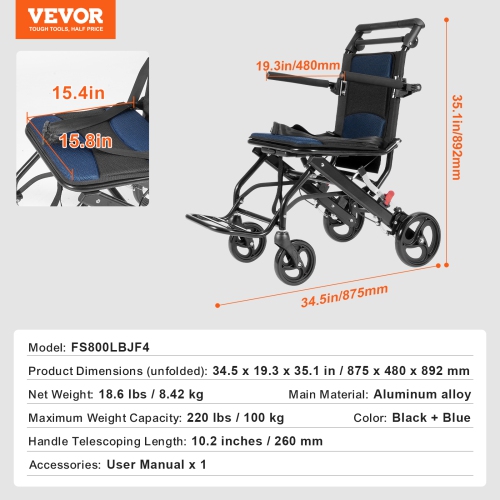 VEVOR Wheelchair, Aluminum Alloy Ultra-Lightweight Transport Chair, Foldable Wheelchair with Flip-Back Desk-Length Arms, Self-locking Brake,