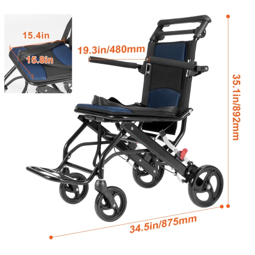 VEVOR Wheelchair, Aluminum Alloy Ultra-Lightweight Transport Chair, Foldable Wheelchair with Flip-Back Desk-Length Arms, Self-locking Brake,