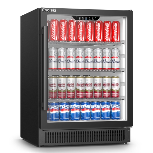 Coolski Beverage Refrigerator 24 Inch Under-Counter Beverage Fridge 180 Cans Built-In or Freestanding Beverage Cooler with Glass Door for Home Bar