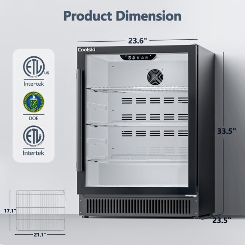 Coolski Beverage Refrigerator 24 Inch Under-Counter Beverage Fridge 180 Cans Built-In or Freestanding Beverage Cooler with Glass Door for Home Bar