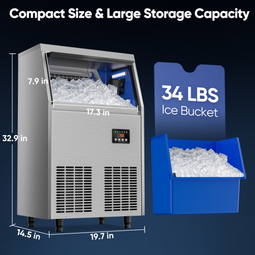 Coolski Commercial Ice Maker 100 lbs/24H Under-Counter Ice Machine- 34 lbs Bin