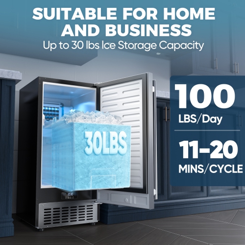 Coolski 15" W Commercial Under Counter Ice Maker 100 lbs/Day, Bulit-in Machine