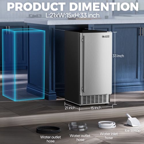 Coolski 15" W Commercial Under Counter Ice Maker 100 lbs/Day, Bulit-in Machine