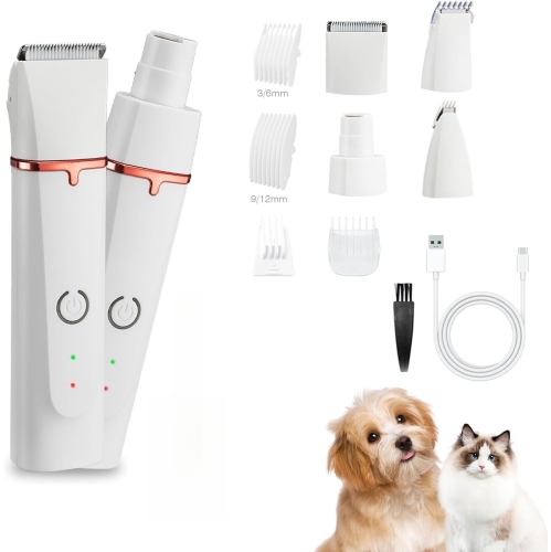 Tondeuse 4-en-1 pour chiens, ensemble de tondeuse à faible bruit pour animaux de compagnie avec tondeuse à patte, moulin à ongles sans fil