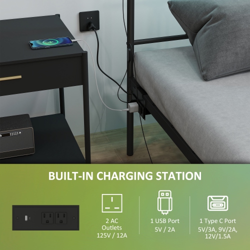 HOMCOM Queen Bed Frame with LED Lights and Charging Station, Metal Platform Bed Frame with Under Bed Storage, Steel Slats, No Box Spring Needed,