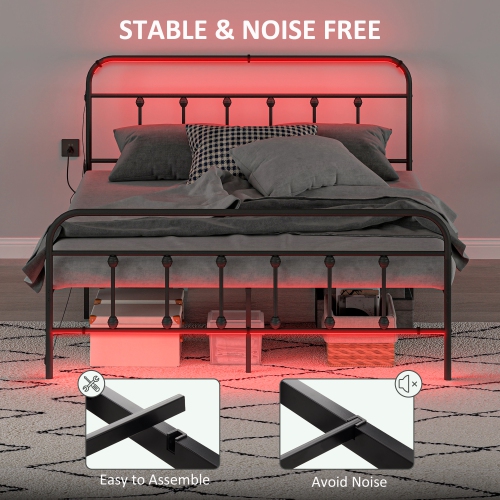 HOMCOM Queen Bed Frame with LED Lights and Charging Station, Metal Platform Bed Frame with Under Bed Storage, Steel Slats, No Box Spring Needed,