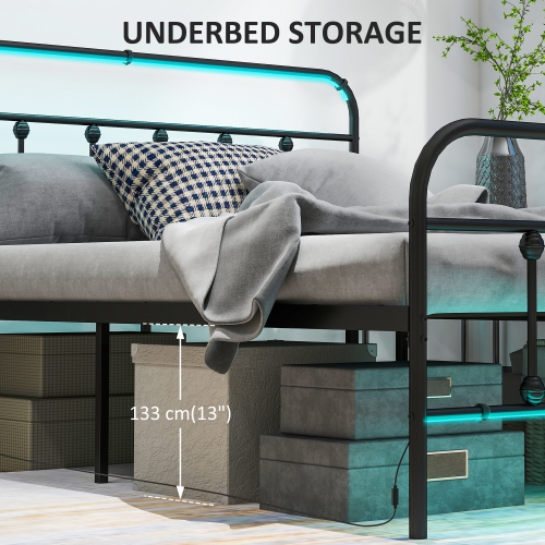 HOMCOM Queen Bed Frame with LED Lights and Charging Station, Metal Platform Bed Frame with Under Bed Storage, Steel Slats, No Box Spring Needed,