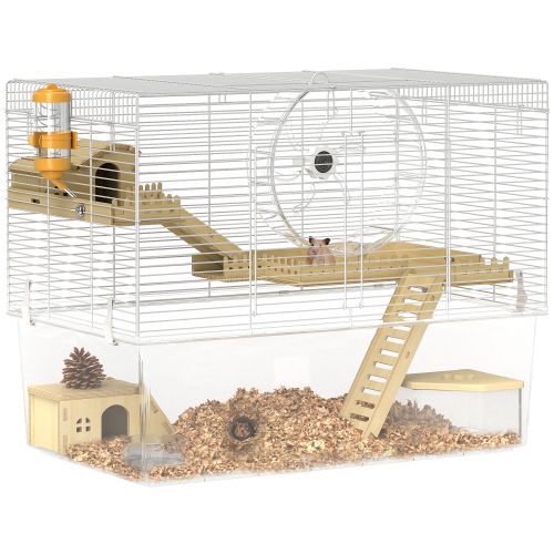 PawHut Hamster Cage, Transparent Small Animal House with Deep Bottom, Wooden Ramp, Hut, Bathroom and Exercise Wheel for Hamster and Gerbil, 23.2" L x