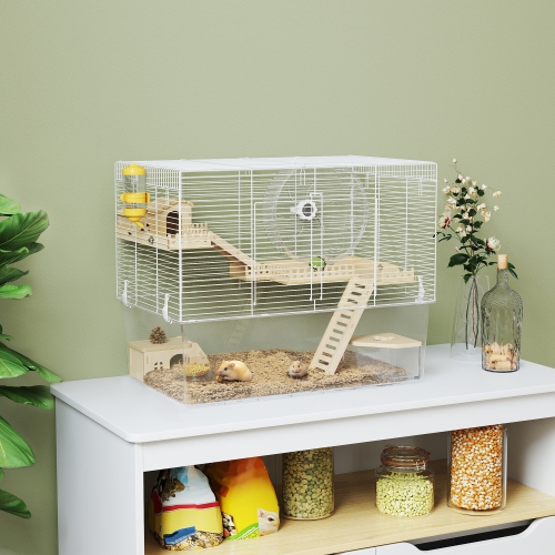 PawHut Hamster Cage, Transparent Small Animal House with Deep Bottom, Wooden Ramp, Hut, Bathroom and Exercise Wheel for Hamster and Gerbil, 23.2" L x