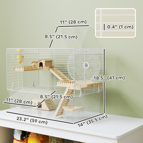 PawHut Hamster Cage, Transparent Small Animal House with Deep Bottom, Wooden Ramp, Hut, Bathroom and Exercise Wheel for Hamster and Gerbil, 23.2" L x