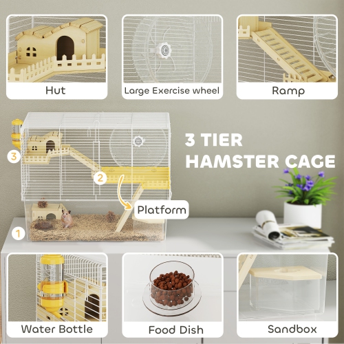 PawHut Hamster Cage, Transparent Small Animal House with Deep Bottom, Wooden Ramp, Hut, Bathroom and Exercise Wheel for Hamster and Gerbil, 23.2" L x