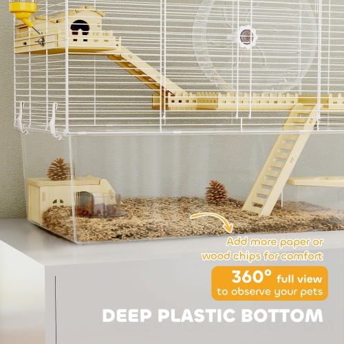 PawHut Hamster Cage, Transparent Small Animal House with Deep Bottom, Wooden Ramp, Hut, Bathroom and Exercise Wheel for Hamster and Gerbil, 23.2" L x