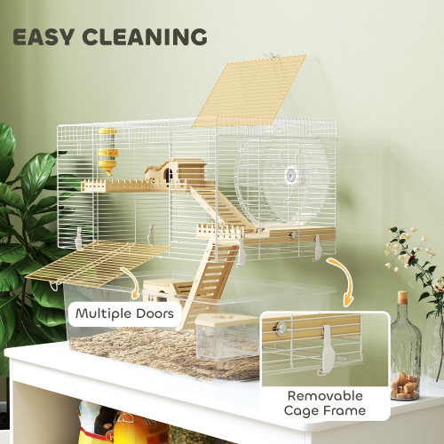 PawHut Hamster Cage, Transparent Small Animal House with Deep Bottom, Wooden Ramp, Hut, Bathroom and Exercise Wheel for Hamster and Gerbil, 23.2" L x