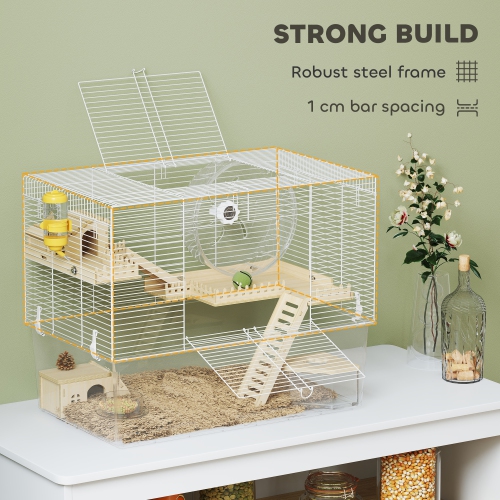 PawHut Hamster Cage, Transparent Small Animal House with Deep Bottom, Wooden Ramp, Hut, Bathroom and Exercise Wheel for Hamster and Gerbil, 23.2" L x