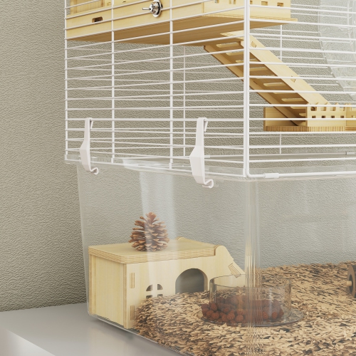 PawHut Hamster Cage, Transparent Small Animal House with Deep Bottom, Wooden Ramp, Hut, Bathroom and Exercise Wheel for Hamster and Gerbil, 23.2" L x