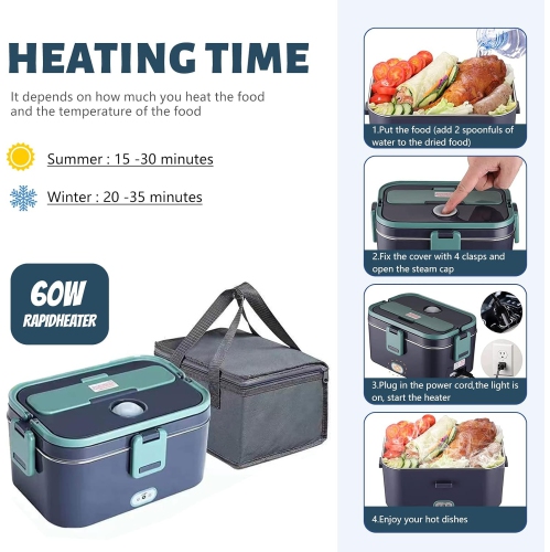 80W Electric Lunch Box - 1.8L Portable Heated Lunch Box, 304 Stainless Steel Inner Tank, with Car/Home Storage, Cutlery and Insulated Bag, Ideal for