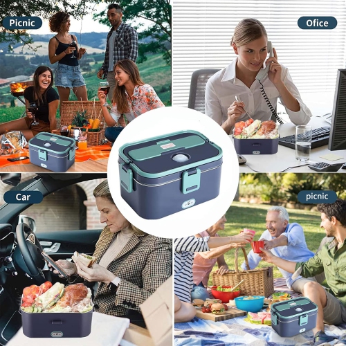 80W Electric Lunch Box - 1.8L Portable Heated Lunch Box, 304 Stainless Steel Inner Tank, with Car/Home Storage, Cutlery and Insulated Bag, Ideal for
