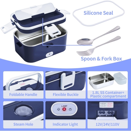 80W Electric Lunch Box - 1.8L Portable Heated Lunch Box, 304 Stainless Steel Inner Tank, with Car/Home Storage, Cutlery and Insulated Bag, Ideal for