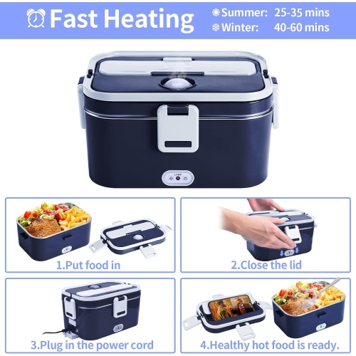 80W Electric Lunch Box - 1.8L Portable Heated Lunch Box, 304 Stainless Steel Inner Tank, with Car/Home Storage, Cutlery and Insulated Bag, Ideal for