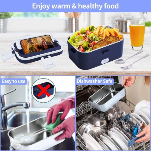80W Electric Lunch Box - 1.8L Portable Heated Lunch Box, 304 Stainless Steel Inner Tank, with Car/Home Storage, Cutlery and Insulated Bag, Ideal for