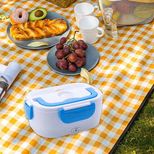 Blue portable heated lunch box - stainless steel liner Self-heating food warmer with leak-proof lid, which can heat and preserve rice, suitable for