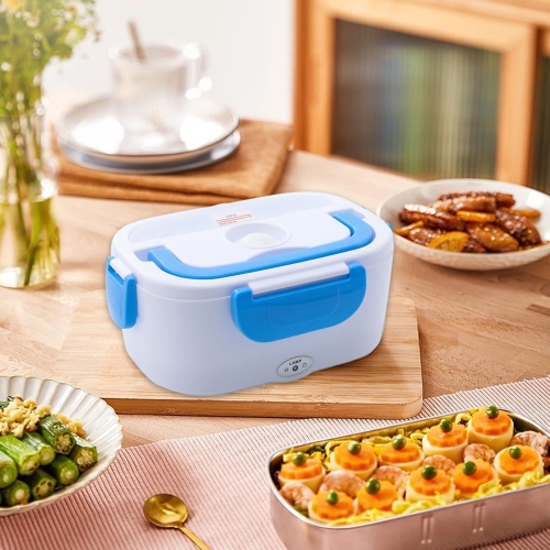 Blue car portable 12V lunch box with rice - stainless steel liner Self-heating food warmer with leak-proof lid, which can heat and preserve rice