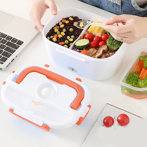 Orange car portable 12V lunch box with rice - stainless steel liner Self-heating food warmer with leak-proof lid that heats and preserves rice
