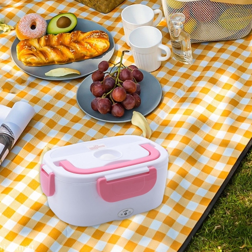 Pink portable heated lunch box - stainless steel liner Self-heating food warmer with leak-proof lid, which can heat and preserve rice, suitable for