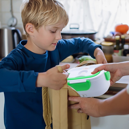 Green portable heated lunch box - stainless steel liner Self-heating food warmer with leak-proof lid, which can heat and preserve rice, suitable for